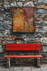 Red bench against rustic stone wall.