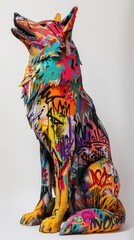 Colorful graffiti wolf sculpture.