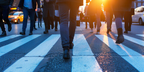 Obraz premium People Walking Across a Crosswalk in the Sunset.
