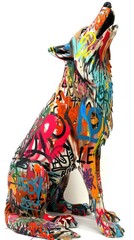 Colorful graffiti wolf sculpture on white background.