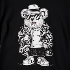 Cartoon bear in oversize fashion style with sunglasses on black background