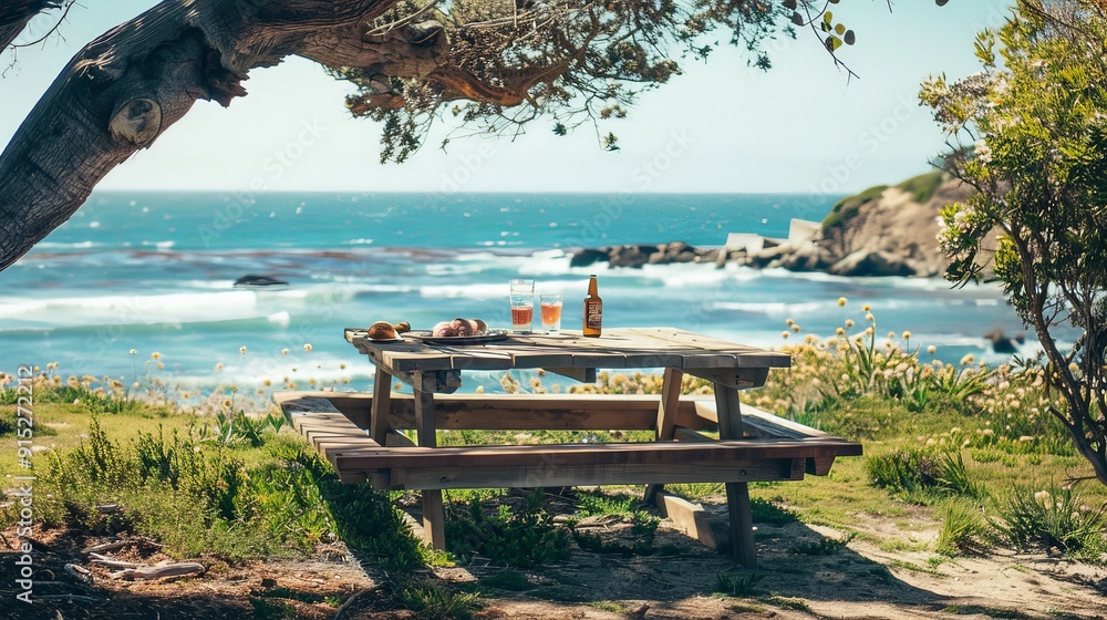 Poster enjoying a summer picnic at a beachside picnic table with views of the sparkling ocean.