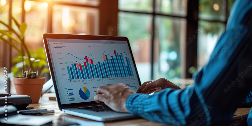 Poster a person analyzing data on a laptop with financial charts and graphs.