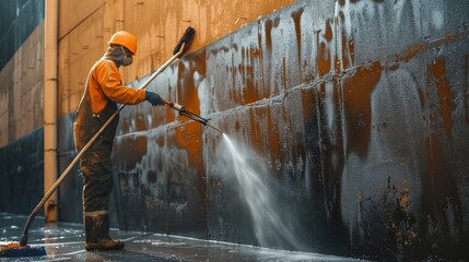 Ensuring a spotless environment, a worker in safety gear mops down a wall. This routine task is essential for upholding hygiene standards and promoting safety.