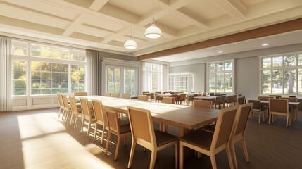 Modern Dining Room with Large Windows and Wooden Furniture