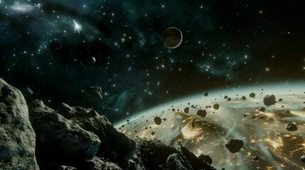 Embark on a space odyssey with 3D travel, exploring distant planets, asteroid fields, and the vastness of the cosmos, complete with dazzling stars and galaxies.