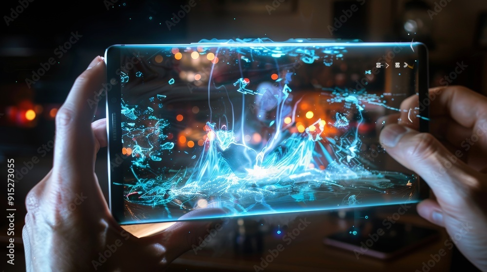 Poster envision a smartphone with a holographic display, projecting 3d images and videos that you can inter