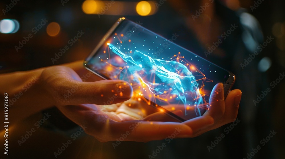Poster envision a smartphone with a holographic display, projecting 3d images and videos that you can inter
