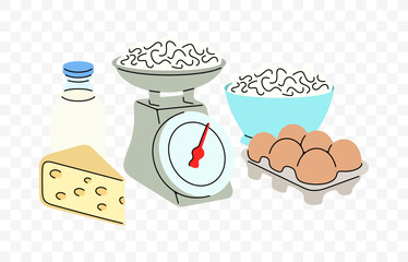 Farmers market, dairy and fermented milk with scales, graphic design. Food, meal, eggs and grocery, vector design and illustration