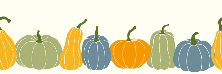 Autumn pumpkins modern abstract pattern. Seamless horizontal texture with pumpkins of different shapes and colors. Template for textile, greeting card, tablecloth, holiday banner	
