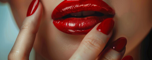 Naklejka premium Bold Red Lips and Glossy Nails Close-Up