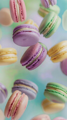 Obraz premium Floating Pastel Macarons on Light Blue Background