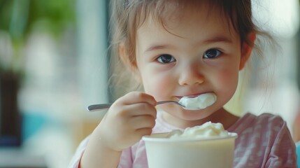 A young girl enjoying a healthy snack with a bowl of yogurt