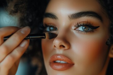 Obraz premium Makeup Artist Applying Highlighter to Young Woman's Face in Soft Natural Light