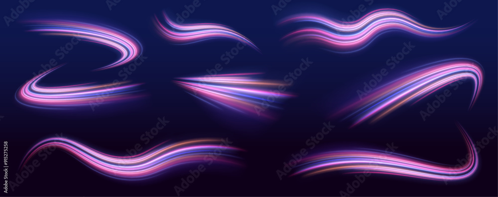 Aufkleber set of glowing speed spirals on dark background for your neon design. abstract vector fire circles, 