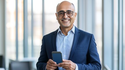 a man in a suit and glasses holding a cell