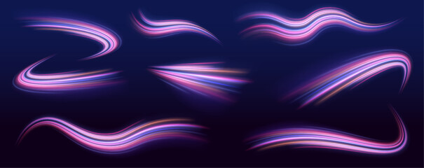 Set of glowing speed spirals on dark background for your neon design. Abstract vector fire circles, sparkling swirls and energy light spiral frames. 