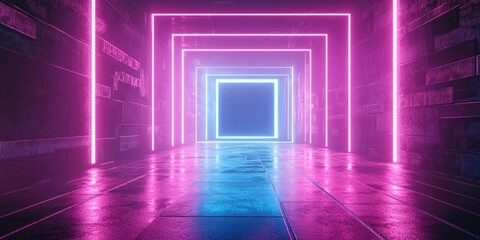 Fototapeta premium A long hallway illuminated by a neon light at the end