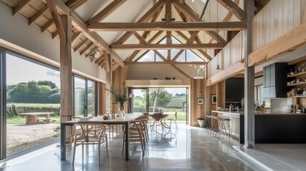 Fototapeta premium Write about timber beams, open-plan layouts, and how repurposing agricultural buildings preserves rural heritage while meeting contemporary 