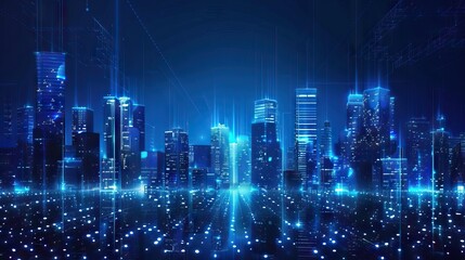 Fototapeta premium Abstract City Skyline Glowing with Digital Lights. AI generated illustration.