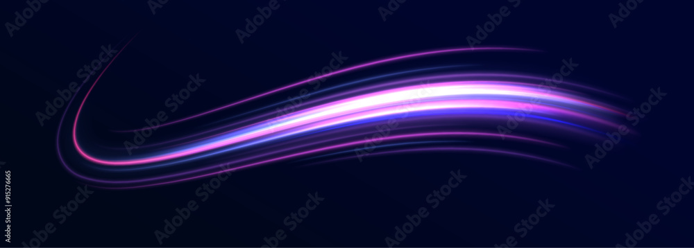Poster High tech concept with luminous arrows moving to side. Neon color glowing lines background, high-speed light trails effect. 