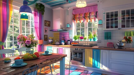 Fototapeta premium Colorful Modern Sunlit rustic kitchen interior with wooden cabinets and appliances