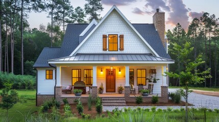 Explore the architectural detailing of a modern cottage house exterior. Write about shake siding, dormer windows, and how cottage-style architecture blends contemporary 