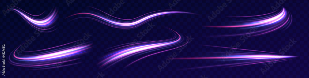 Fototapete set of neon blurry light circles at motion. vibrant pink, purple, and blue lines creating dynamic ab