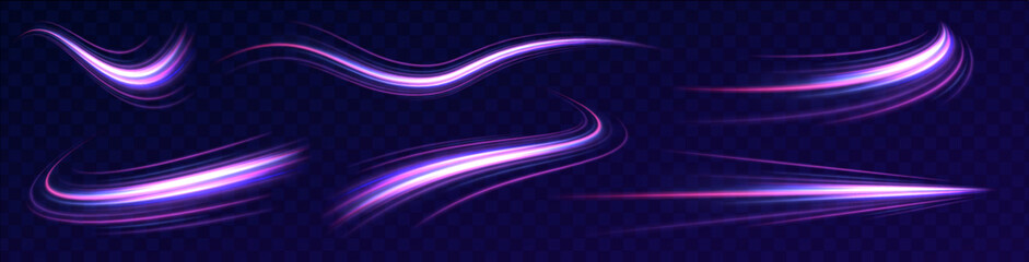 Set of neon blurry light circles at motion. Vibrant pink, purple, and blue lines creating dynamic abstract art on a dark background. Lines in the shape of a comet against a dark background.  © Mirotvoric