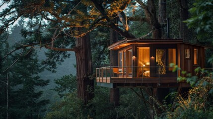 Naklejka premium Write about suspended platforms, natural materials, and how treehouse designs in small scale homes offer elevated living experiences amidst natural landscapes.