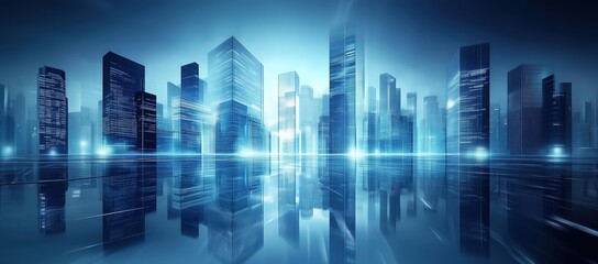 Obraz premium Abstract Cityscape with Glass Buildings and Skyscrapers in Blue Tones, Reflecting Urban Development and Business District. Photorealistic 3D Rendering Highlighting Modern Architecture。
