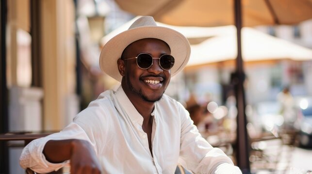 A man wearing a white shirt and a straw hat is smiling - Powered by Adobe