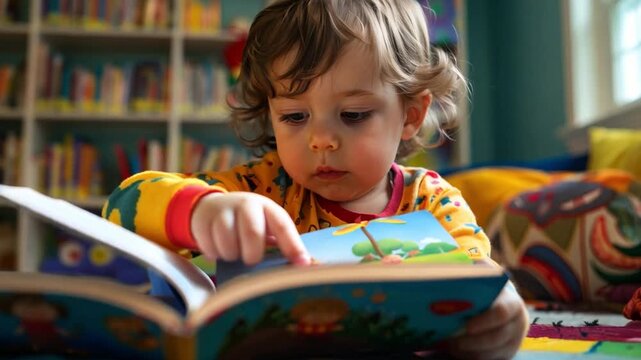 A young child reading a colorful book in a cozy library corner, showcasing the joy of early literacy