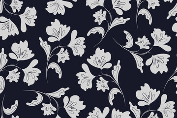 Seamless Pattern Abstract Flower Line Art, floral pattern, white lines isolated on black background, vector outline illustration