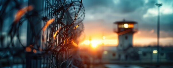 Fototapeta premium Watchtower standing tall over the prison yard, symbolizing security and surveillance, Realism, Cool tones, Photography