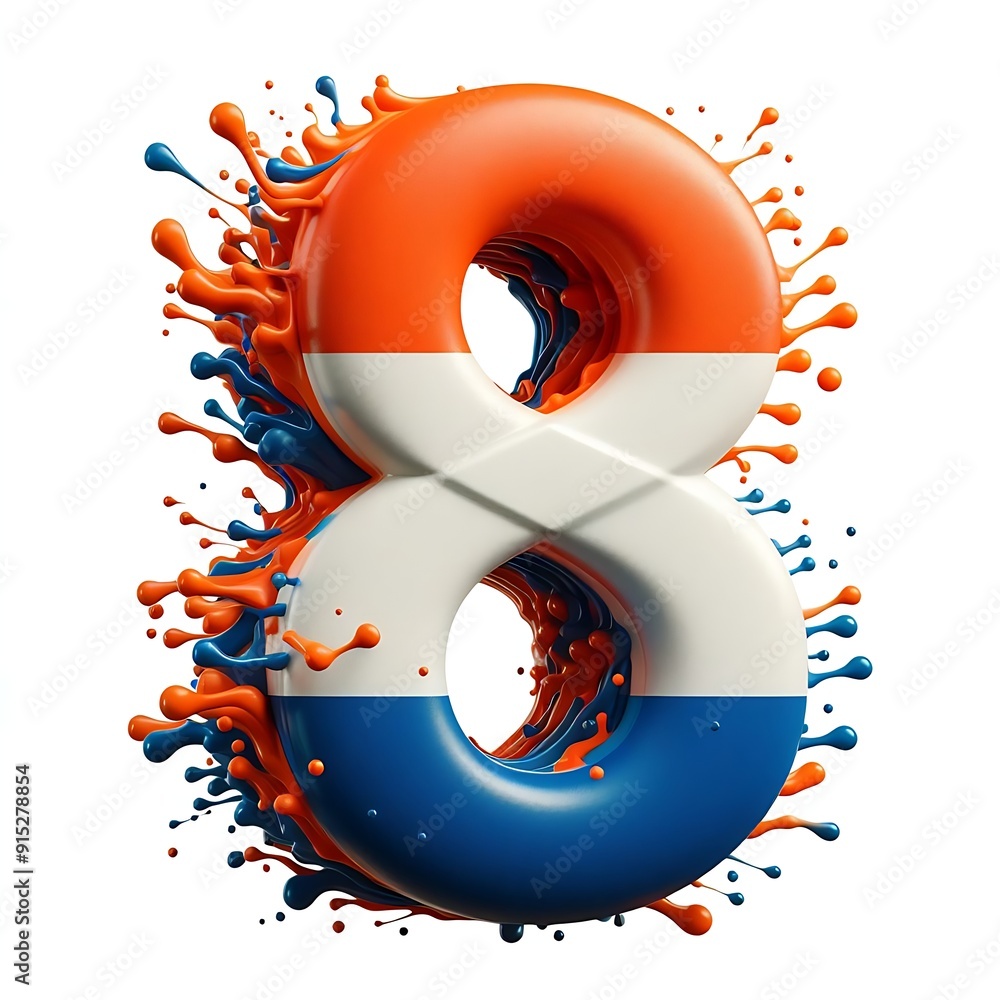 Fototapete the number 8 is in a bright orange and blue color. it is surrounded by a splash of paint, giving it 