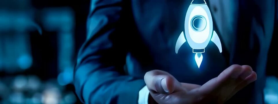 Businessman holding rocket icon on dark blue background symbolizing business startup and growth, entrepreneur success, new creative ideas
