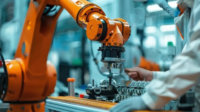 A worker programming an industrial robot for assembly tasks, showcasing the integration of robotics in manufacturing