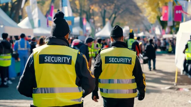 Security personnel patrolling crowded outdoor event