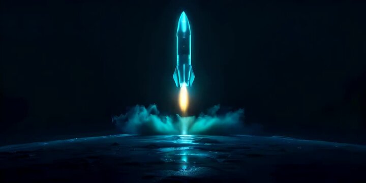 A glowing rocket launching against dark background symbolizing business startup and innovation, exploration, business growth