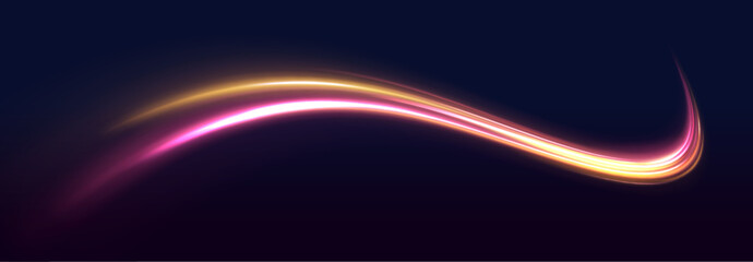Lines in the shape of a comet against a dark background. Vortex streams of neon light. Magic of moving fast lines. Neon Color Blurred Motion On Speedway. 