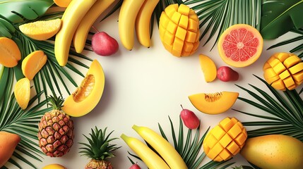 Tropical fruits and palm leaves arranged in a frame on a white background.
