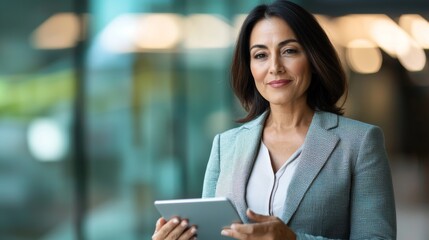 a woman in a suit holding a tablet