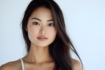Naklejka premium Beautiful young asian woman with clean fresh skin on white background. Face care, Facial treatment concept