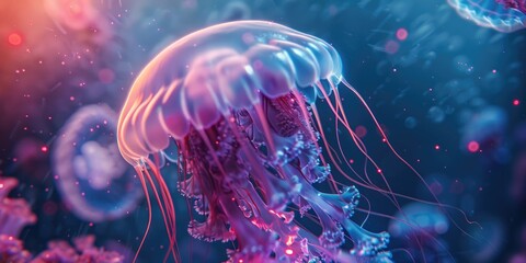 Fototapeta premium Glowing Moon Jellyfish with Translucent Bell and Bioluminescent Glow