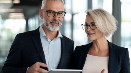 Fototapeta premium a man and woman looking at a tablet