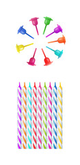 Fototapeta premium 3d realistic colorful candles for birthday cake. Holiday candles with burning flames candlelight on wicks, celebration objects. Vector