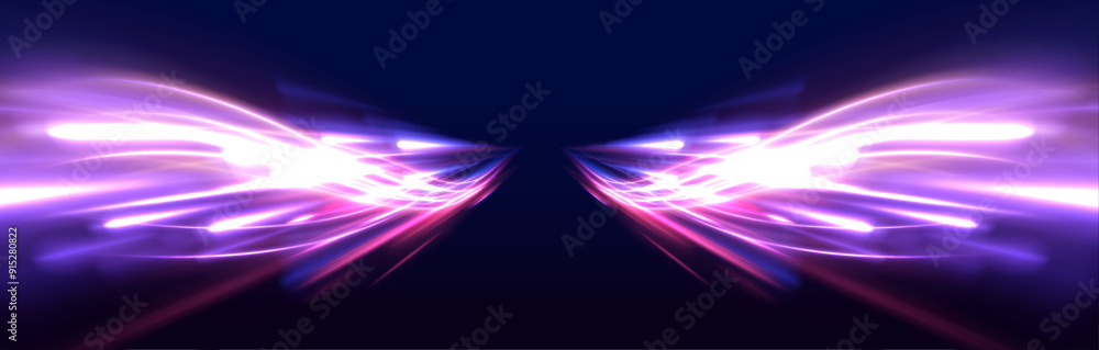 Poster a flash of neon light and a trail of fiery flash. acceleration speed motion on night road. sport car