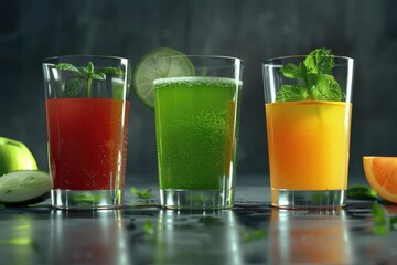 A table setting with four glasses holding different colored beverages, perfect for a party or social gathering