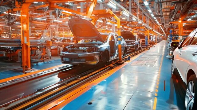 An automotive factory with newly manufactured cars on the production line, showcasing efficiency and modernity